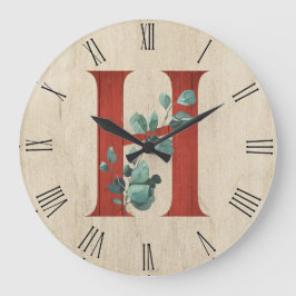 Reloj Redondo Grande Rustic Wood & Eucalyptus Letter H  Large Clock
