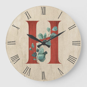 Reloj Redondo Grande Rustic Wood & Eucalyptus Letter H  Large Clock