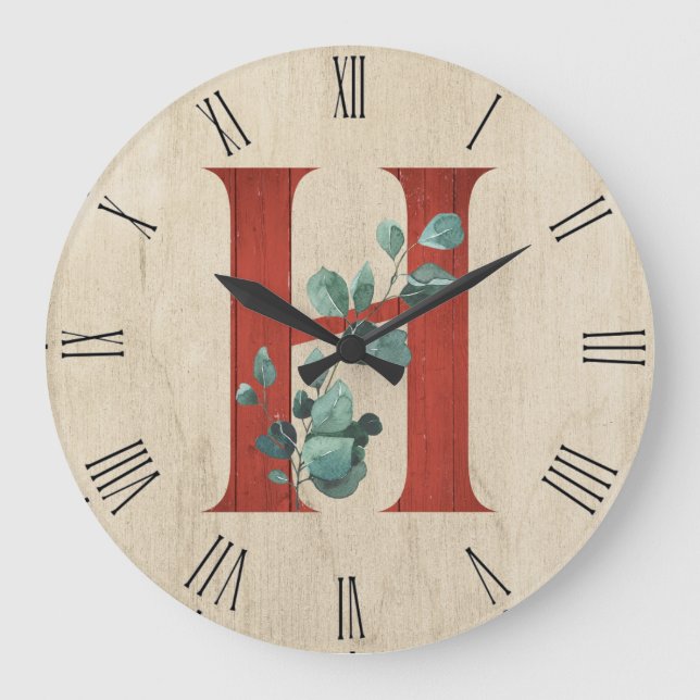 Reloj Redondo Grande Rustic Wood & Eucalyptus Letter H  Large Clock (Anverso)