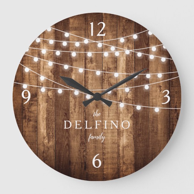 Reloj Redondo Grande Rustic Wood Fairy Lights Farmhouse Kitchhouse Pers (Anverso)