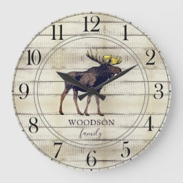 Reloj Redondo Grande Rustic Wood Family Name Walking Moose Large Clock