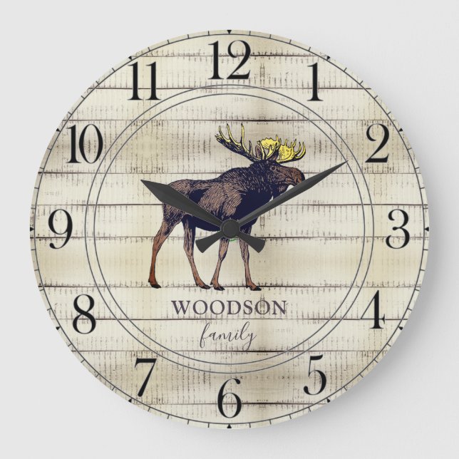 Reloj Redondo Grande Rustic Wood Family Name Walking Moose Large Clock (Anverso)