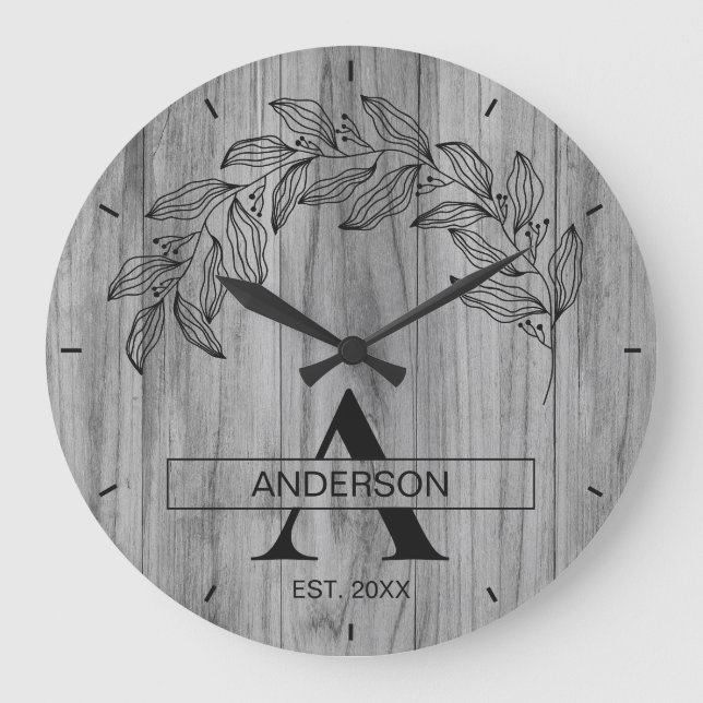 Reloj Redondo Grande Rustic Wood Farmhouse Family Name Monogrammed (Anverso)