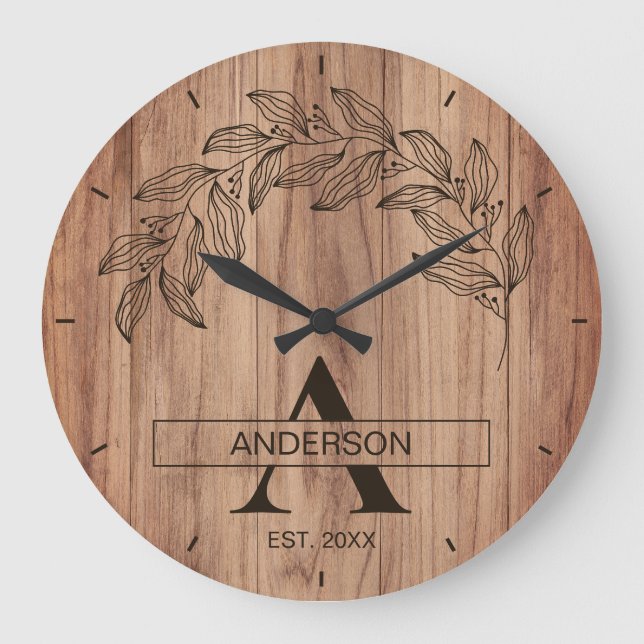 Reloj Redondo Grande Rustic Wood Farmhouse Family Name Monogrammed (Anverso)