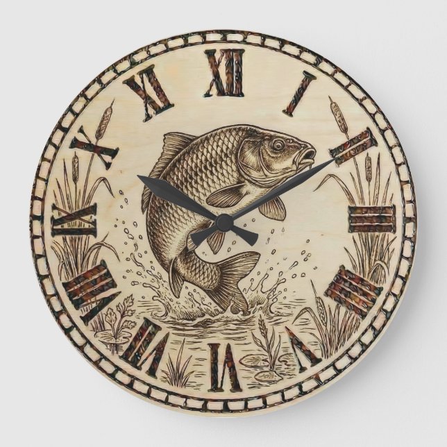 Reloj Redondo Grande Rustic Woodburned Fish Wall Clock (Anverso)