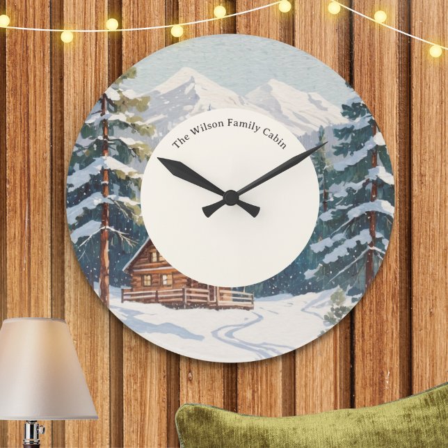 Reloj Redondo Grande Rústica casa de familia de vacaciones en escena de (Step into a rustic winter wonderland with a personalized family cabin picture clock)