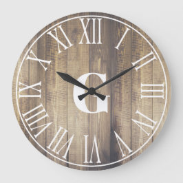 Reloj Redondo Grande Rústica granja Faux Barn Madera y Monograma Blanco