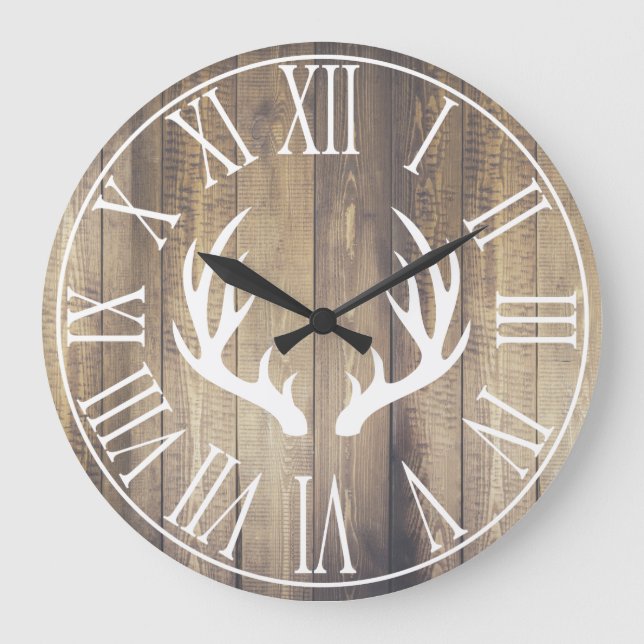 Reloj Redondo Grande Rústica granja Faux Barn Wood & Antlers (Anverso)