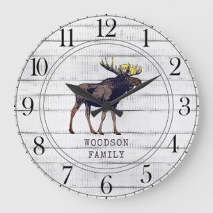 Reloj Redondo Grande Rústica Madera Caminando Moose Nombre Familia Gran