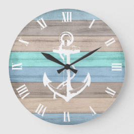 Reloj Redondo Grande Rústica Madera Náutica Banda y Anchor
