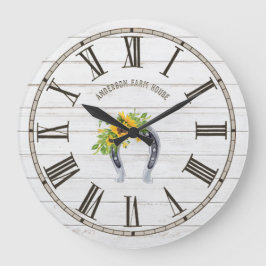 Reloj Redondo Grande Rústico Barn White Wood Sunflowers Horseshoe