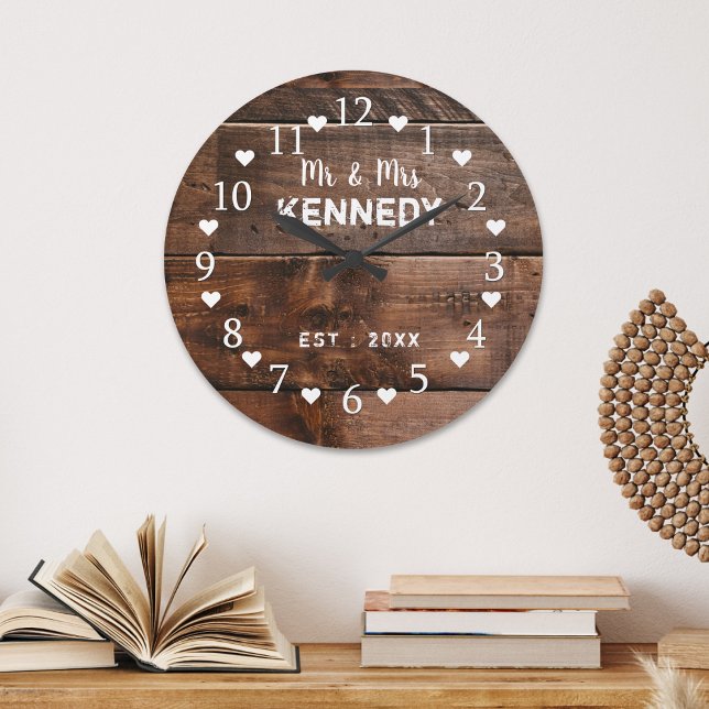 Reloj Redondo Grande Rústico Brown Weathered Wood Boda (Rustic Brown Weathered Wood Wedding Large Clock
)
