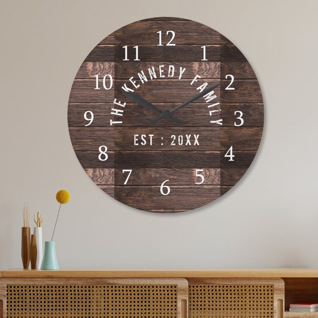 Reloj Redondo Grande Rústico Campesino Familia Nombre Madera (Rustic Country Farmhouse Family Name Wood Large Clock)