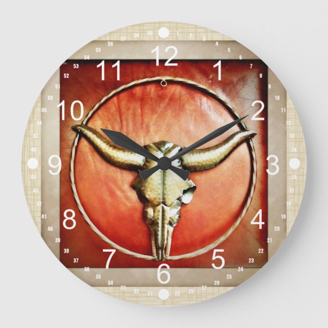 Reloj Redondo Grande Rústico Country Bull Horns Faux Leather Design (Anverso)