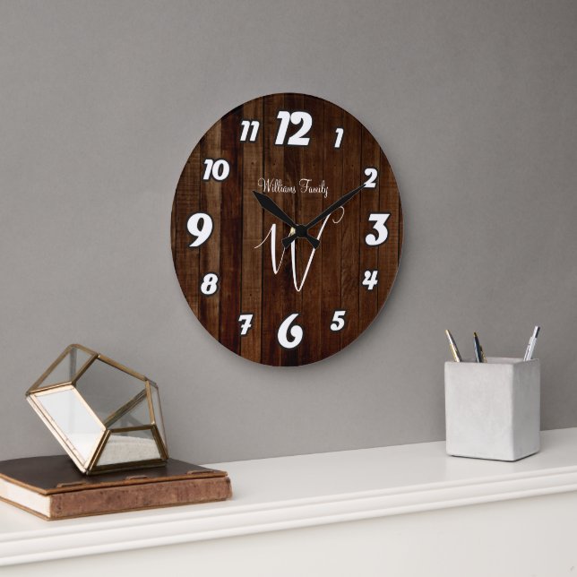 Reloj Redondo Grande Rústico Dark Wood Nombre Familia Monogrammed Lar (Oficina)