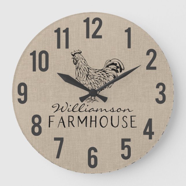 Reloj Redondo Grande Rústico Farmhouse Rooster Burlap Familia Nombre Gr (Anverso)