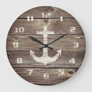 Reloj Redondo Grande Rústico Náutico Hermoso de aspecto auténtico Mader