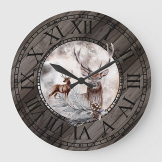 Reloj Redondo Grande Rústico stag acuarela país madera números romanos