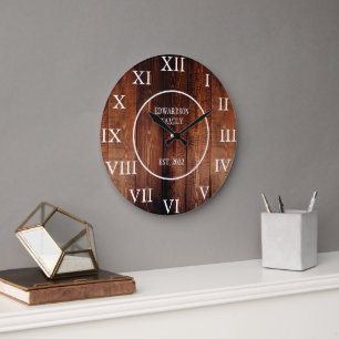 Reloj Redondo Grande Rústico vintage oscuro madera nombre de familia ca