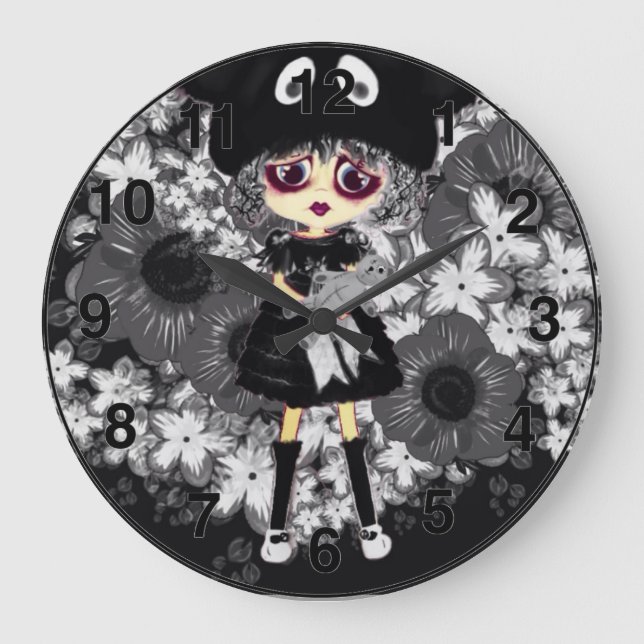 Reloj Redondo Grande Sad Goth Girl - Kawaii Chibi cartoon (Anverso)