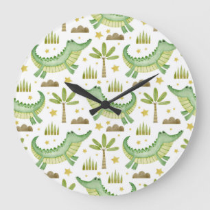 Reloj Redondo Grande Safari africano: Cocodrilo acuarela y palmeras