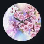 Reloj Redondo Grande Sakura rosa sobre fondo de pintura<br><div class="desc">Dibujado artísticamente,  rama de rosa,  flores de cerezo sobre fondo pintoresco,  texturizado,  pintado con pintura blanca,  rosa y azul. Pink Sakura</div>