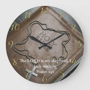 Reloj Redondo Grande Salmo 23:1 La Biblia Santa con cruz de plata sobre