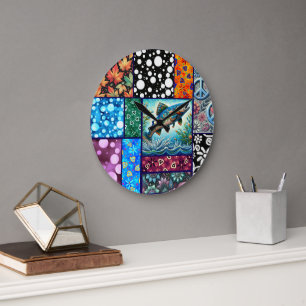 Reloj Redondo Grande Salmón Cuadro de Retazos Floral Caprichoso Colorid