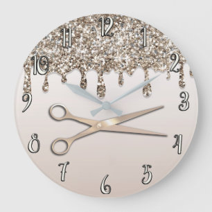 Reloj Redondo Grande Salón de Belleza Champagne Gold Glitter Drip Moder