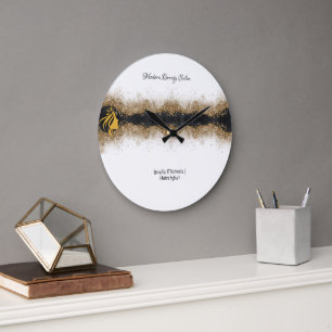 Reloj Redondo Grande Salón de Estilista de Pelo Dorado y Negro