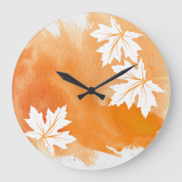 Reloj Redondo Grande Salpicadura de acuarela naranja moderna y hojas de