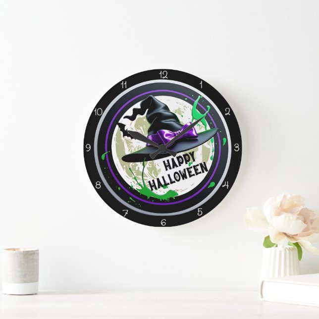 Reloj Redondo Grande Salpicadura de sombrero de bruja de Halloween feli (Hogar)