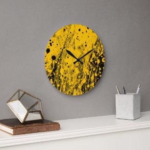 Reloj Redondo Grande Salpicaduras de pintura negra y amarilla