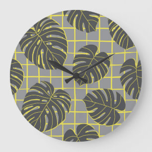 Reloj Redondo Grande Saltos de Monstera: Resumen moderno amarillo-gris