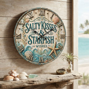 Reloj Redondo Grande Salty Kisses & Starfish Wishes Coastal Beach House