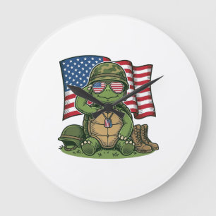 Reloj Redondo Grande Saludo de Tortuga Patriótica Diseño Vectorial_1