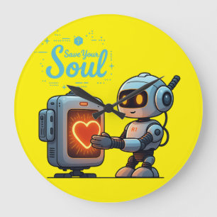 Reloj Redondo Grande Salva tu alma Robot lindo sosteniendo corazón – Fu