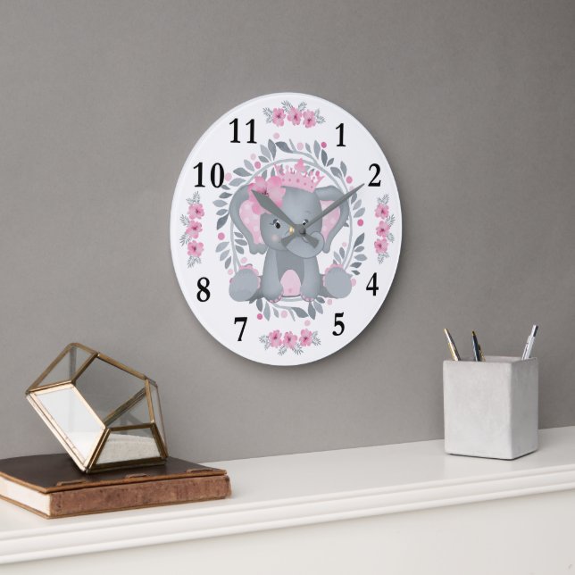 Reloj Redondo Grande Salvaje Safari Pink Floral Baby Elephant Nursery (Oficina)