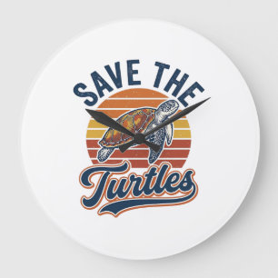 Reloj Redondo Grande Salvar Las Tortugas Diseño De Camiseta De Tortuga