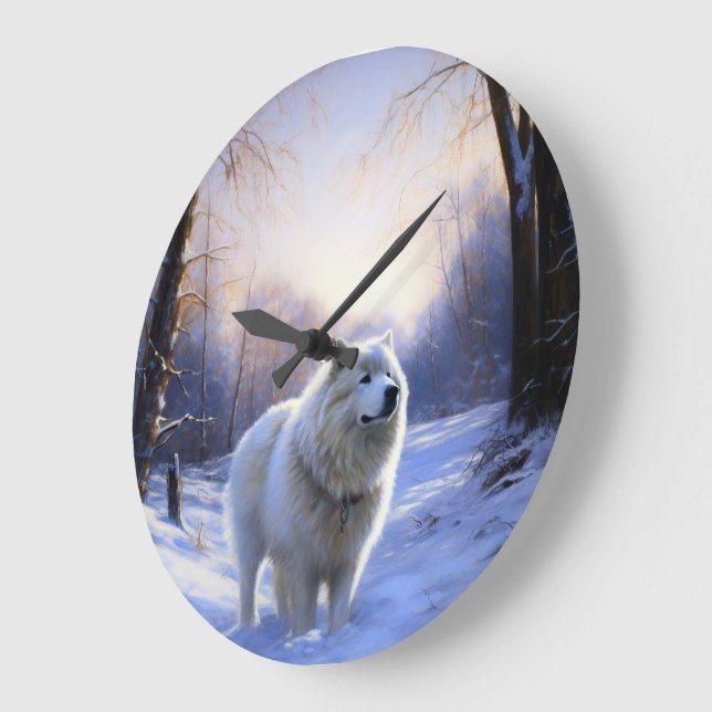 Reloj Redondo Grande Samoyedo Deja que nieve Navidad (Ángulo)