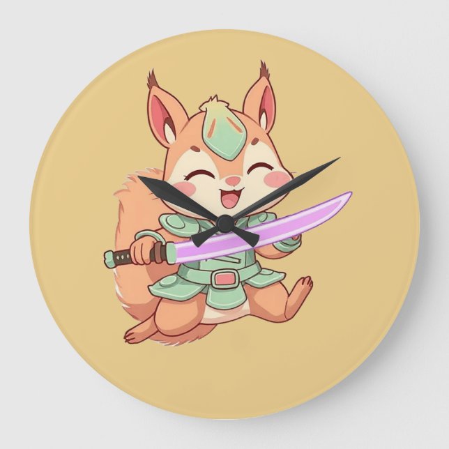 Reloj Redondo Grande Samurái ardilla Kawaii. (Anverso)