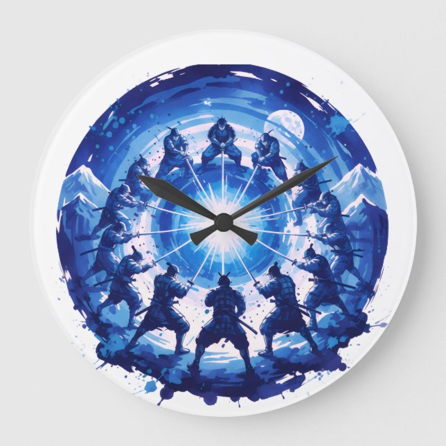 Reloj Redondo Grande Samurai Unity Japanese Blue Ink Art Circular (Anverso)