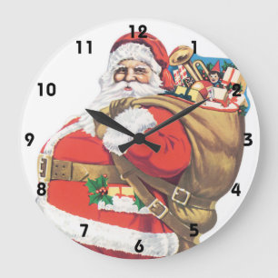 Reloj Redondo Grande Santa Claus antiguo, recorte victoriano de Navidad