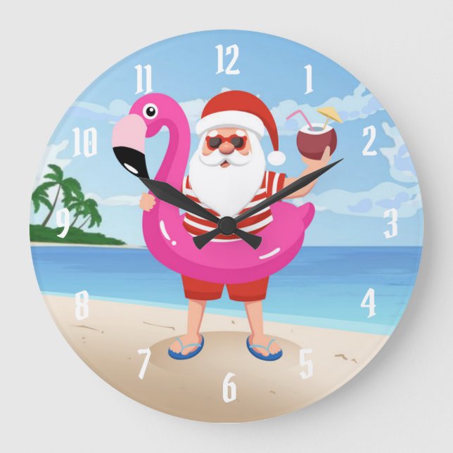Reloj Redondo Grande Santa Claus con anillo inflable de flamingo (Anverso)