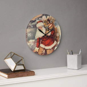 Reloj Redondo Grande Santa Claus Victoriano de Navidad Vintage en Chime