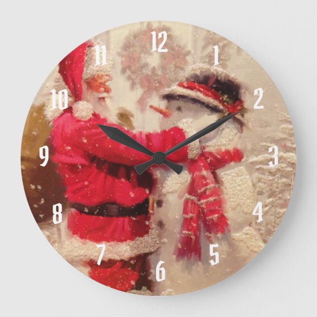 Reloj Redondo Grande Santa Claus y el muñeco de nieve en la nevada (Anverso)