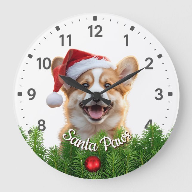 Reloj Redondo Grande Santa Paws Corgi with Christmas Garland (Anverso)