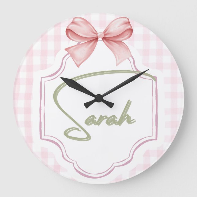 Reloj Redondo Grande Sarah Baby Nursery personalizada Bow&Gingham (Anverso)