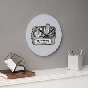 Reloj Redondo Grande Sardinas enlatadas vintage en blanco y negro