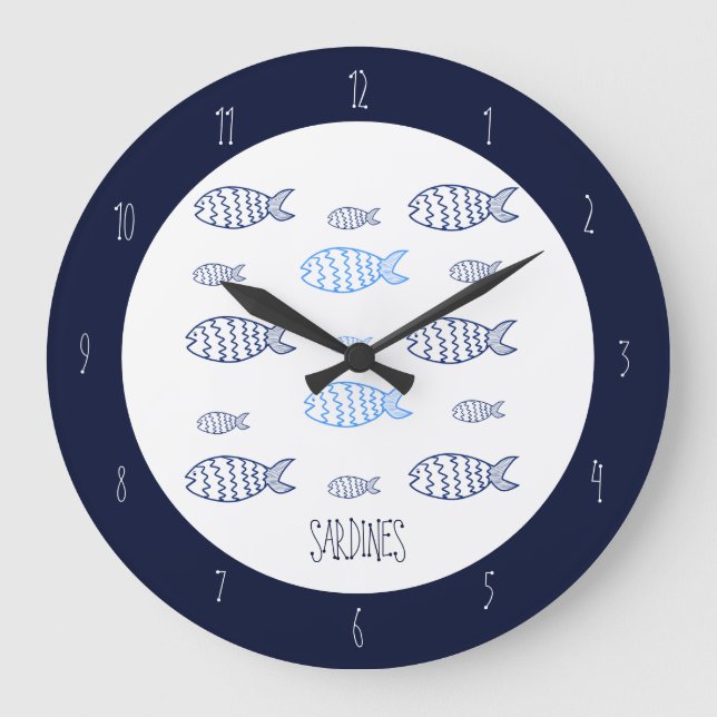 Reloj Redondo Grande Sardines Coastal Line Art Kitchen Wall Clock (Anverso)